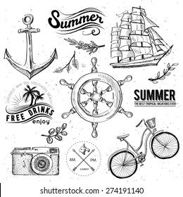 Vintage summer typography design with labels, icons elements collection