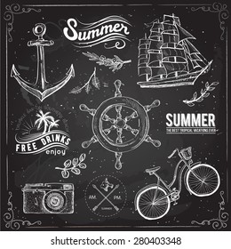 Vintage summer typography design with labels, icons elements collection