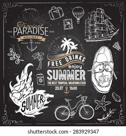 Vintage summer typography design with labels, icons elements collection