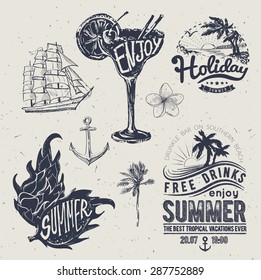 Diseño tipográfico de verano vintage con etiquetas, iconos colección de elementos