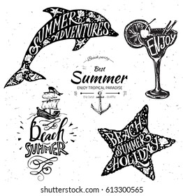Vintage summer typography design with labels, icons elements collection