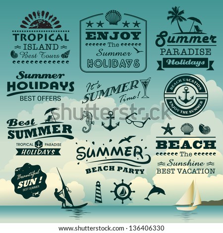 Vintage summer typography design with labels, icons elements collection