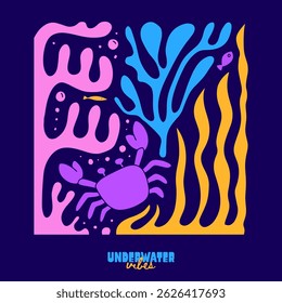 Vintage Summer underwater concept poster or card. Naive abstract print with hand drawn fish, coral, seaweed, crab. Summer holidays, sea theme, vacation travel vector naive hand drawn illustrations.