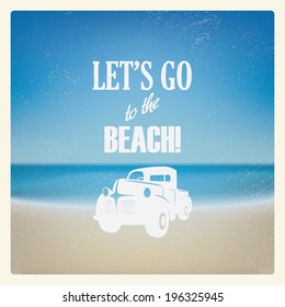 Vintage summer vacation car poster on gradient mesh beach background. Eps10 vector illustration.