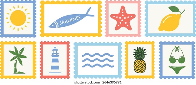 Vintage summer vacation postcard stamp set. Italian Hand drawn travel postage. Vector retro frame label border element design, amalfi badge, lemons, tomato, seashell.
