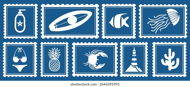 Carimbo postal de férias de verão vintage definido. Postagem de viagem desenhada à mão italiana. Projeto de elemento de borda de rótulo de quadro retro de vetor, emblema de amalfi, limões, tomate, concha.
