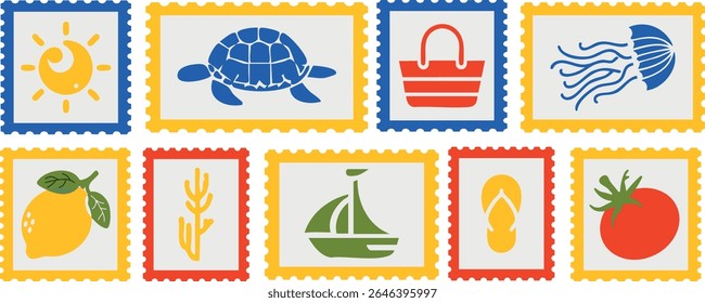 Vintage summer vacation postcard stamp set. Italian Hand drawn travel postage. Vector retro frame label border element design, amalfi badge, lemons, tomato, seashell.
