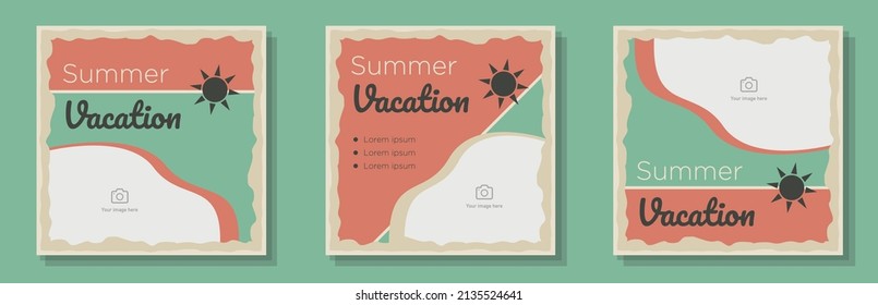 Vintage Summer Vacation Social Media Post, Banner Set, Sunny Travel Trip Business Advertisement Concept, Vintage Style Retro Touring Marketing Square Ad, Abstract Print, Isolated On Background.