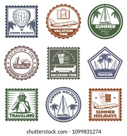 Vintage summer vacation stamps set with air balloon yacht airplane bus scooter tropical beach baggage traveler isolated vector illustration