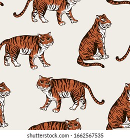Vintage summer vector tiger seamless pattern. Tropical animal texture