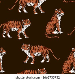 Vintage summer vector tiger seamless pattern. Tropical animal texture on black background