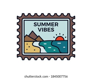 Vintage summer vibes logo, adventure emblem design with mountains and sea. Unusual line art retro style sticker. Stock vector art