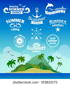 Vintage summer voyage label set with tropical island background vector illustration