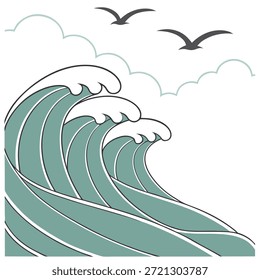 Vintage Sommerwellen nahtloses Muster mit gedämpften Ozeantönen und gestörten Texturen für ein Retro-Stranddesign-Konzept als Retro-Sommerwellenmuster mit gedämpften Ozeantönen und gestörten Texturen für einen Vintage-Strandlook in Foto Stock Concept und leerem Raum auf der linken Seite, kein Text —ar 7:2 —tile