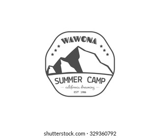 Vintage summer or winter camping badge, outdoor logo, emblem and label concept for web, print. Retro stylish monochrome design. Mountain concept and text. Easy to change color. Vector illustration