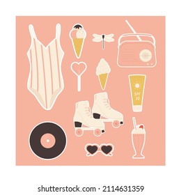 Vintage summertime. Retro summer stuff set. Swimsuit, roller skates, radio player aesthetics. Vacation, travel, beach concept in 70s-80s style. Vector illustration in cartoon style. Isolated on white 