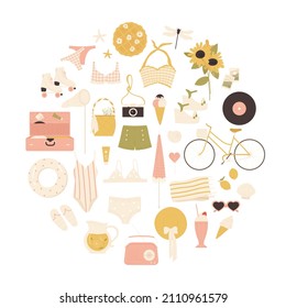 Vintage summertime. Summer, beach stuff set. Clothing, accessories aesthetics. Vacation, travel, beach concept in 70s-80s style. Vector illustration in cartoon style. Isolated on white background.