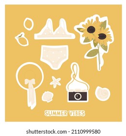 Vintage summertime. Summer stuff: сlothing, accessories aesthetics. Swimsuit, camera, hat, shells, flowers and fruit. Summer vibes. Vector illustration in cartoon style. Isolated on white background.