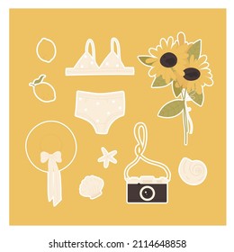 Vintage summertime. Summer stuff: сlothing, accessories aesthetics. Swimsuit, camera, hat, shells, flowers and fruit. Summer vibes. Vector illustration in cartoon style. Isolated on white background.