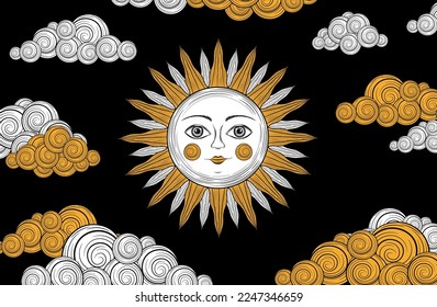 Vintage sun background. Sun face astrology symbol. Alchemy icon. Bohemian sun with face. Antique style sun and clouds esoteric wallpaper. Vintage hand drawn character. Magic monochrome boho style.