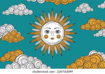 Vintage sun background. Sun face astrology symbol. Alchemy icon. Bohemian sun with face. Antique style sun and clouds esoteric wallpaper. Vintage hand drawn character. Magic monochrome boho style. 