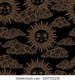 Vintage sun background. Sun face astrology pattern. Bohemian sun with face print. Antique style sun and clouds esoteric wallpaper. Vintage hand drawn character. Magic monochrome boho style. 