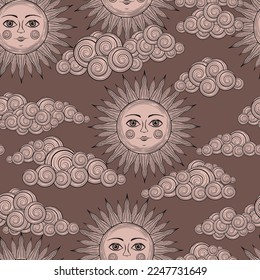 Vintage sun background. Sun face astrology pattern. Bohemian sun with face print. Antique style sun and clouds esoteric wallpaper. Vintage hand drawn character. Magic monochrome boho style. 