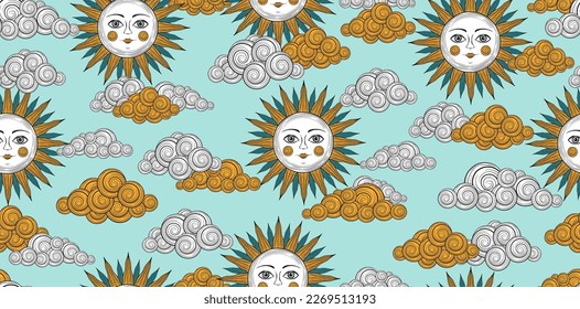 Vintage sun background. Sun face astrology pattern. Bohemian sun with face print. Antique style sun and clouds esoteric wallpaper. Vintage hand drawn character. Magic monochrome boho style. 