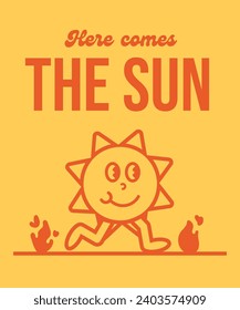 VIntage sun cartoon walking. Here comes the sun. Global warming. Beatles parody. Climate change.