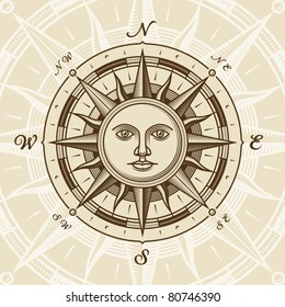 Vintage Sun Compass Rose. Vector