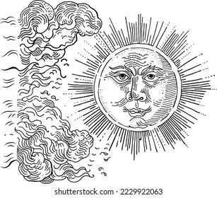 Vintage sun with a face and clouds. Hand drawn engraving medieval style ink pen illustration. Tattoo design. Coloring book page. Esoteric, occult, witchcraft, alchemy, boho, astrology, fairytale.