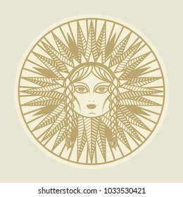 Vintage sun face compass rose sign or symbol, vector illustration