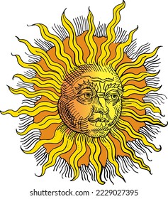 Vintage sun with a face. Hand drawn engraving medieval fantasy tattoo style illustration. Antique astrological symbol. Esoteric, occult, witchcraft, alchemy, boho, astrology, zodiac.