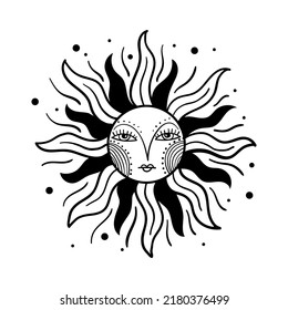 Vintage sun with face, medieval engraving, freehand drawing. Mystical tarot symbol for astrology. Old style, boho vector illustration isolated on white background.