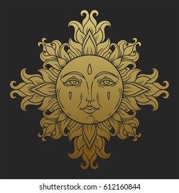 Vintage sun with face. Medieval ornamental  solar symbol. Vector decorative ethnic pattern. Astrological  illustration.