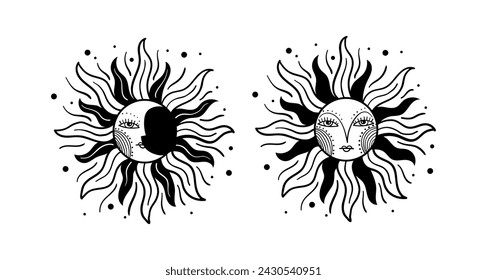 Vintage sun with face and moon, medieval engraving, hand drawing. Mystical tarot symbol for astrology, celestial line tattoo. Vector illustration.