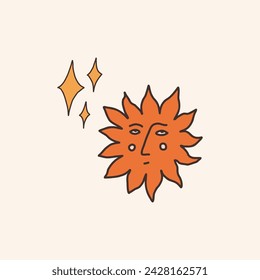 Vintage sun face with star. Vector retro hand drawn groovy illustration posters t-shirts and stickers