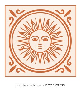 Vintage sun with face vector illustration. Mediterranean style ceramic tile design. Celestial terracotta sun face icon isolated on white background.