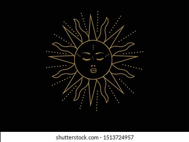 vintage sun hand drawn vector Sun with human face symbol. Colored yellow vector illustration.mystic arts   mysticorde
