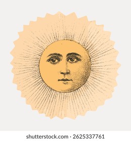 Vintage sun illustration with a human face. The sun's face has a serene expression. Sun's rays radiate outward. Sun illustration in a classic, vintage style. Vintage art illustration vector.