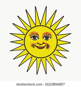 Vintage sun illustration with a smiling face, radiating yellow rays. Retro sun design with expressive eyes, bright yellow sun with a cheerful expression. Vintage illustration vector.