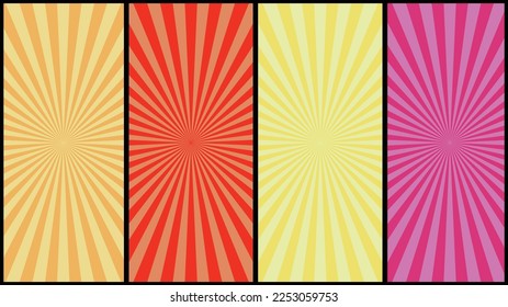 Vintage sun lights retro banner background. Colourful 4 different sunbursts. Ray backgrounds. Vector illustration.