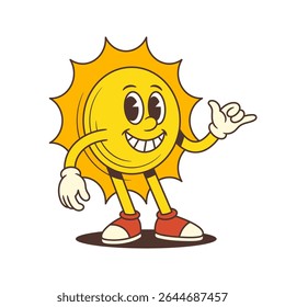 Vintage sun mascot smiling and showing the hang loose hand gesture with sneakers and gloves. Suitable for summer, vacation, weather, and cheerful branding projects. Vector illustration