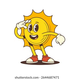 Vintage sun mascot standing with hand placed as a visor searching ahead. Perfect for summer, vacation, weather, and cheerful design projects. Playful character with retro style. Vector illustration