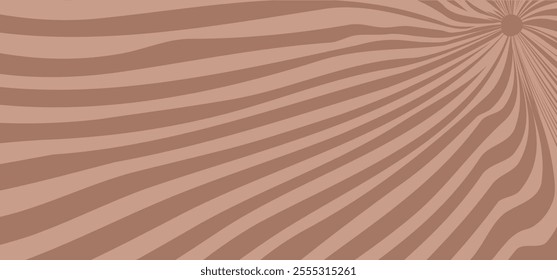 Vintage sun mocha mousse color background, psychedelic wavy pattern, retro ray, wave radial sunshine, curvy wallpaper, optical illusion bg. Trendy colour 2025 year. Vector illustration