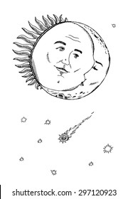 Vintage sun and moon. Hand drawn vector illustration.