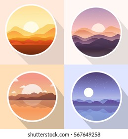 Vintage sun, mountains, moon and sea illustration