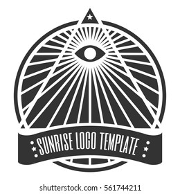 Vintage sun ray burst insignia logotype for logo design, emblem with pyramid