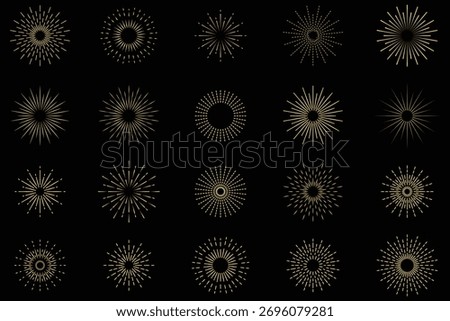 Vintage sun rays collection. Sunburst set, sunbeam icons. Explosion, firework, sparks and rays sunset. Collection shiny sunburst on black background. Vector illustration. 