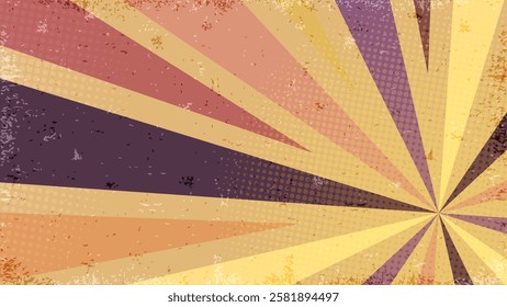 Vintage sun rays retro background with grunge and halftone texture . Pop art poster, banner comics.